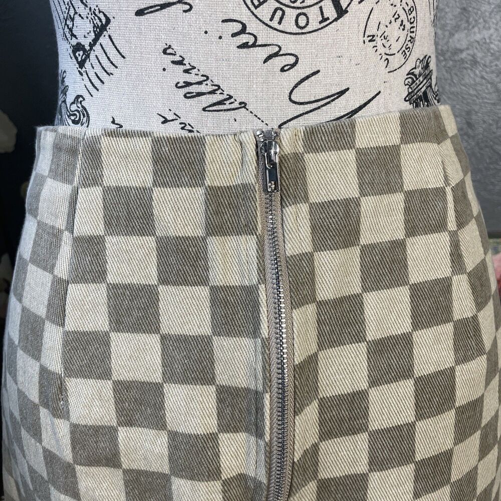 Juniper Blue Nova Check Brown Tan Mini Skirt Size Small S Denim Zip Closure - Picture 5 of 7
